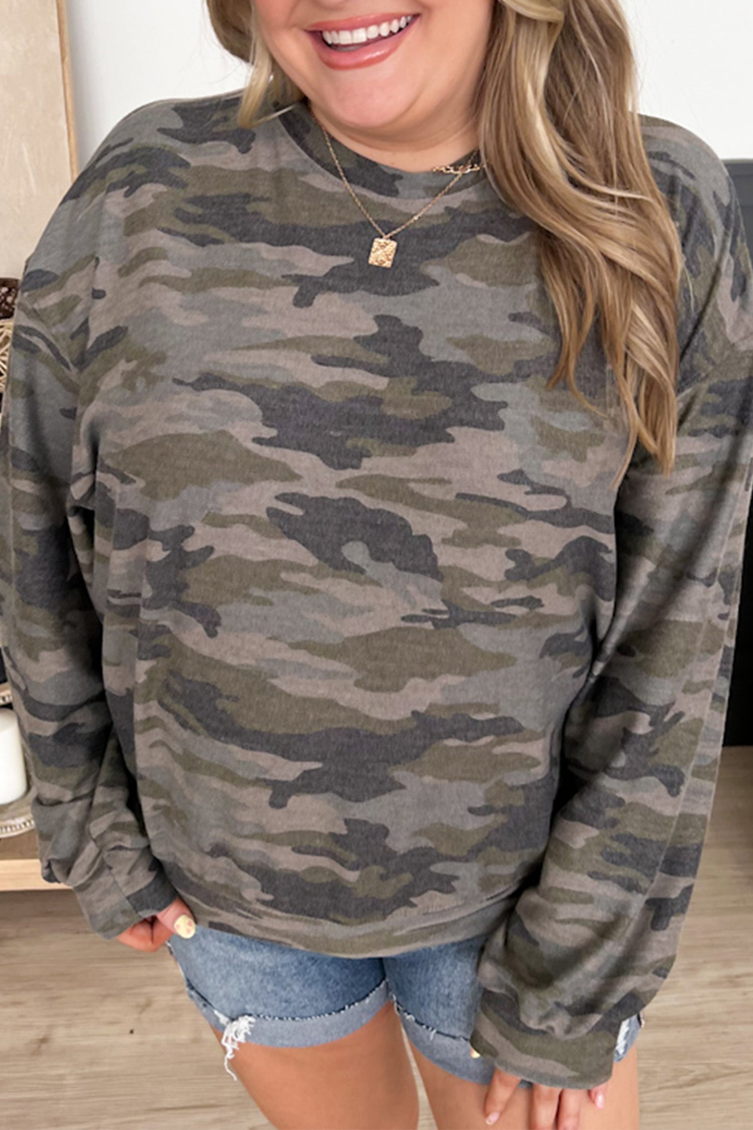 Green Camo Print Long Sleeve Plus Size Blouse