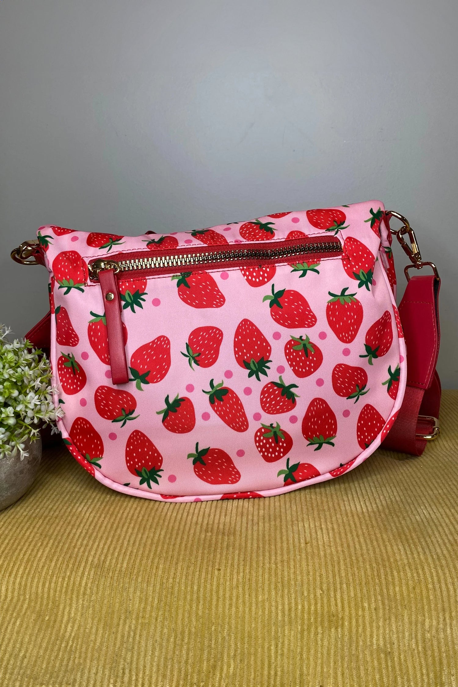 Fiery Red Pretty Checkerboard/ Strawberry Printed Canvas Double Zip Crossbody Bag