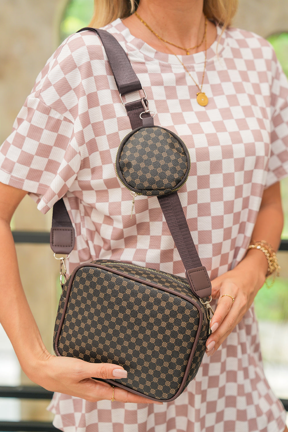 Coffee PU Leather Geometric Pattern Adjustable Strap Shoulder Bag with Wallet