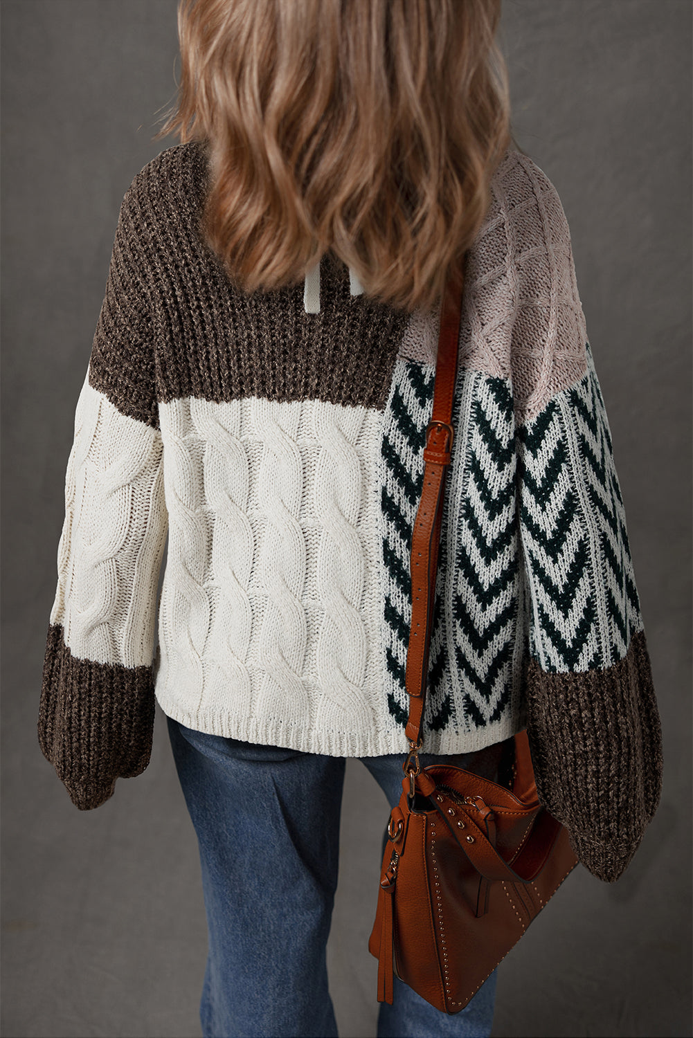 Purple Color Block Patchwork Knotted Back Loose Fit Sweater