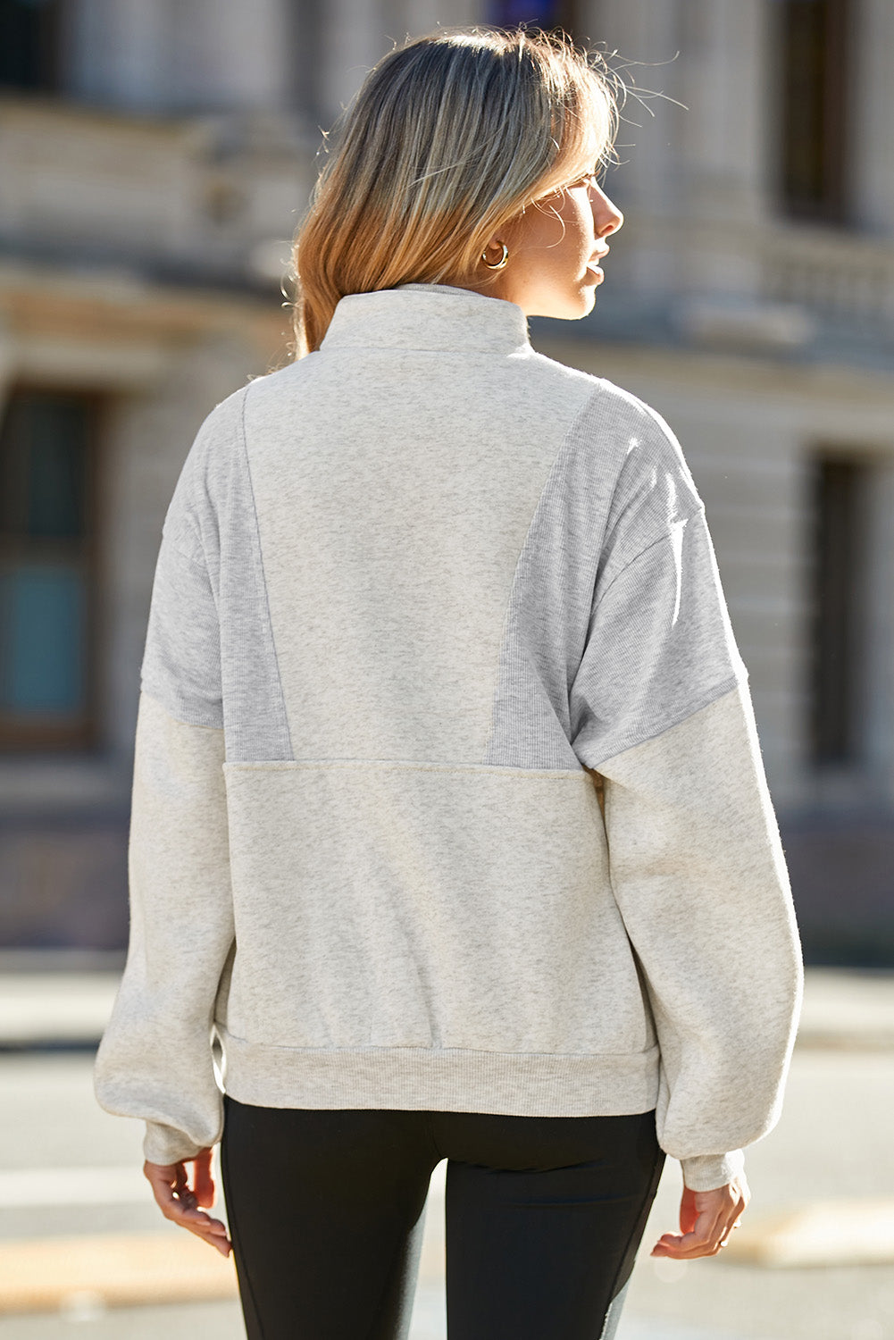 Apricot Half Zip Stand Collar Exposed Seam Solid Color Casual Sweatshirt