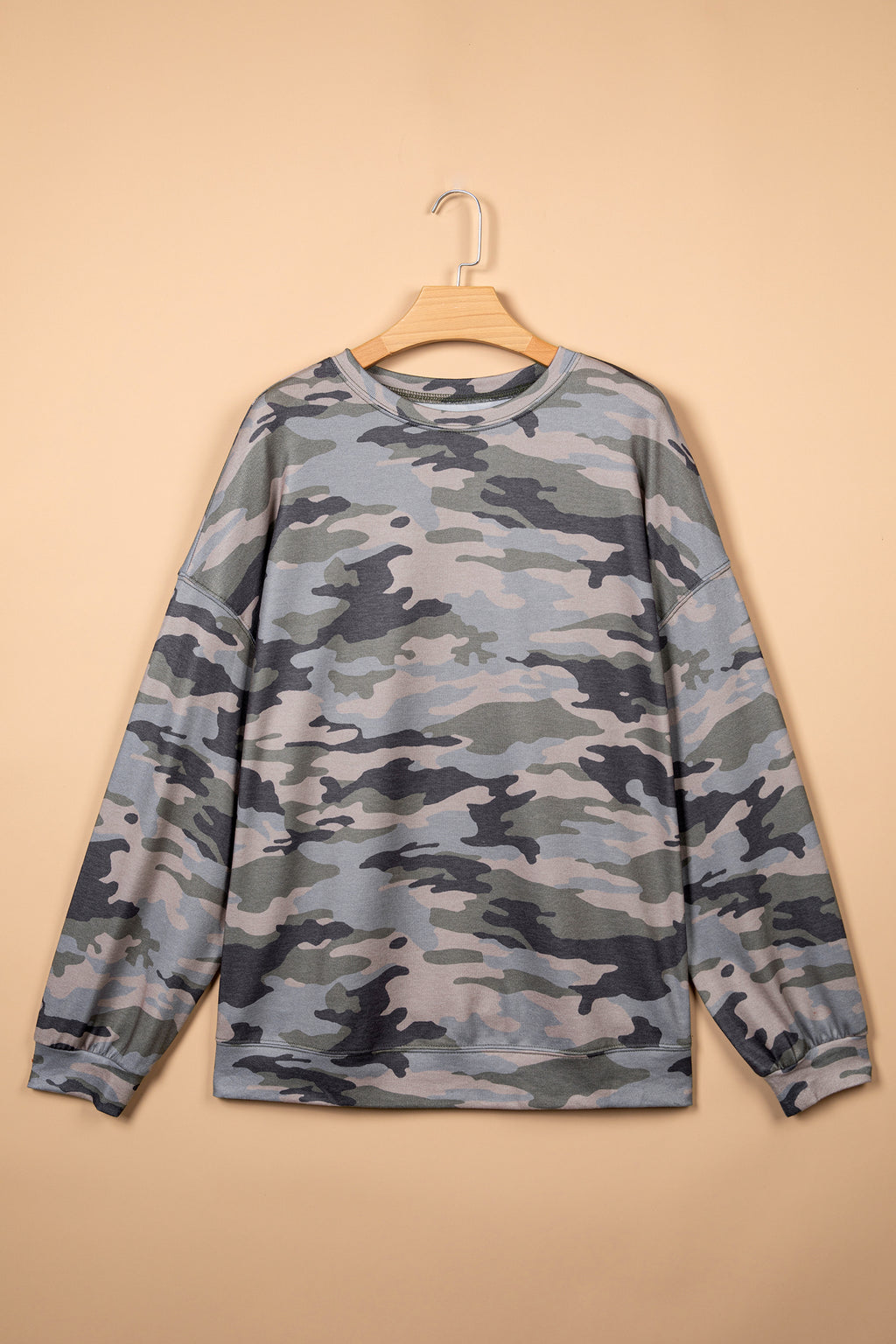 Green Camo Print Long Sleeve Plus Size Blouse