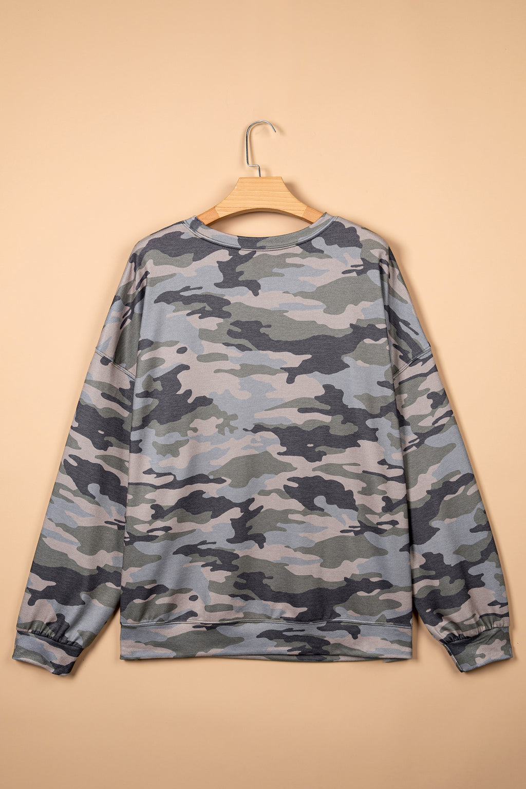 Green Camo Print Long Sleeve Plus Size Blouse