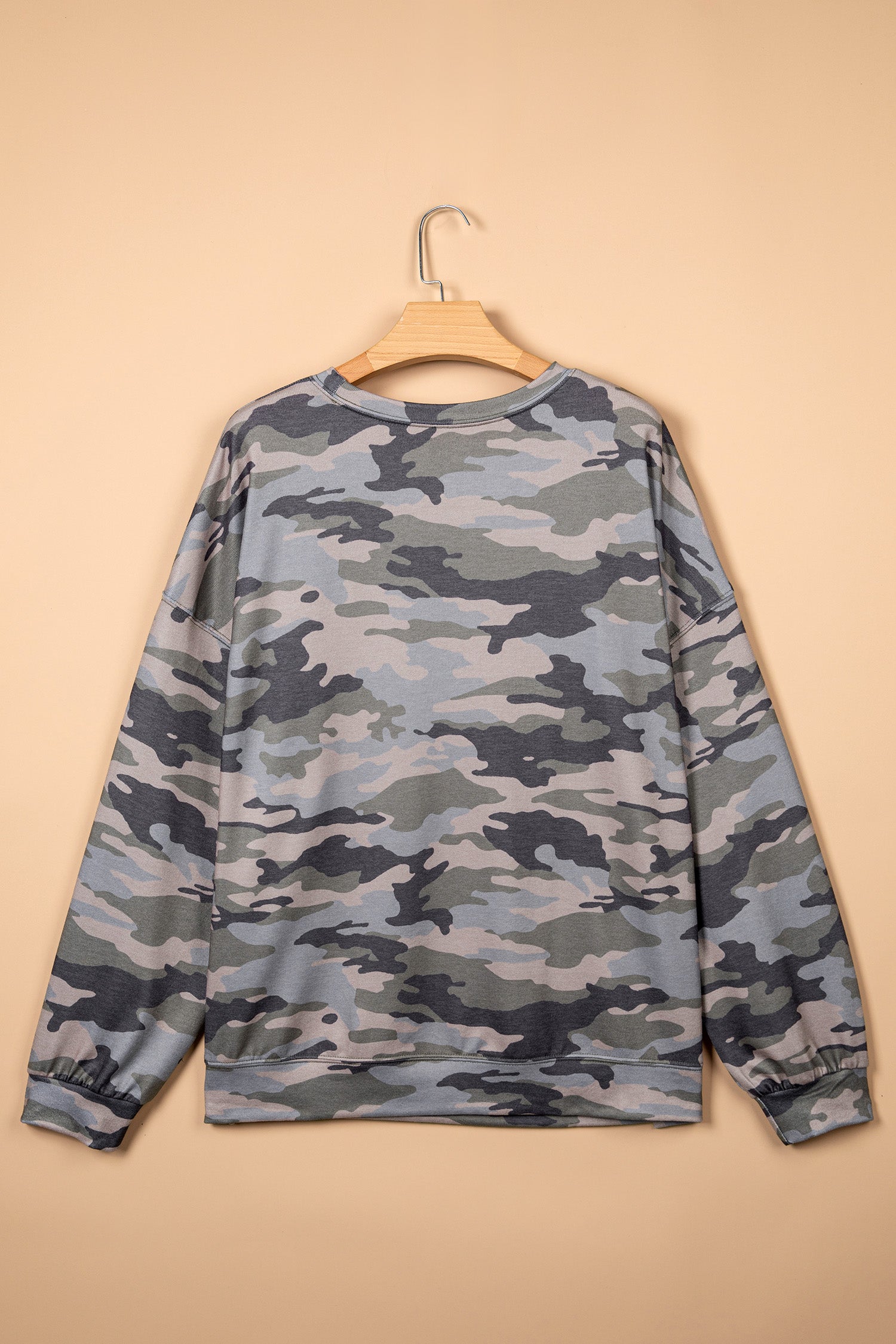 Green Camo Print Long Sleeve Plus Size Blouse