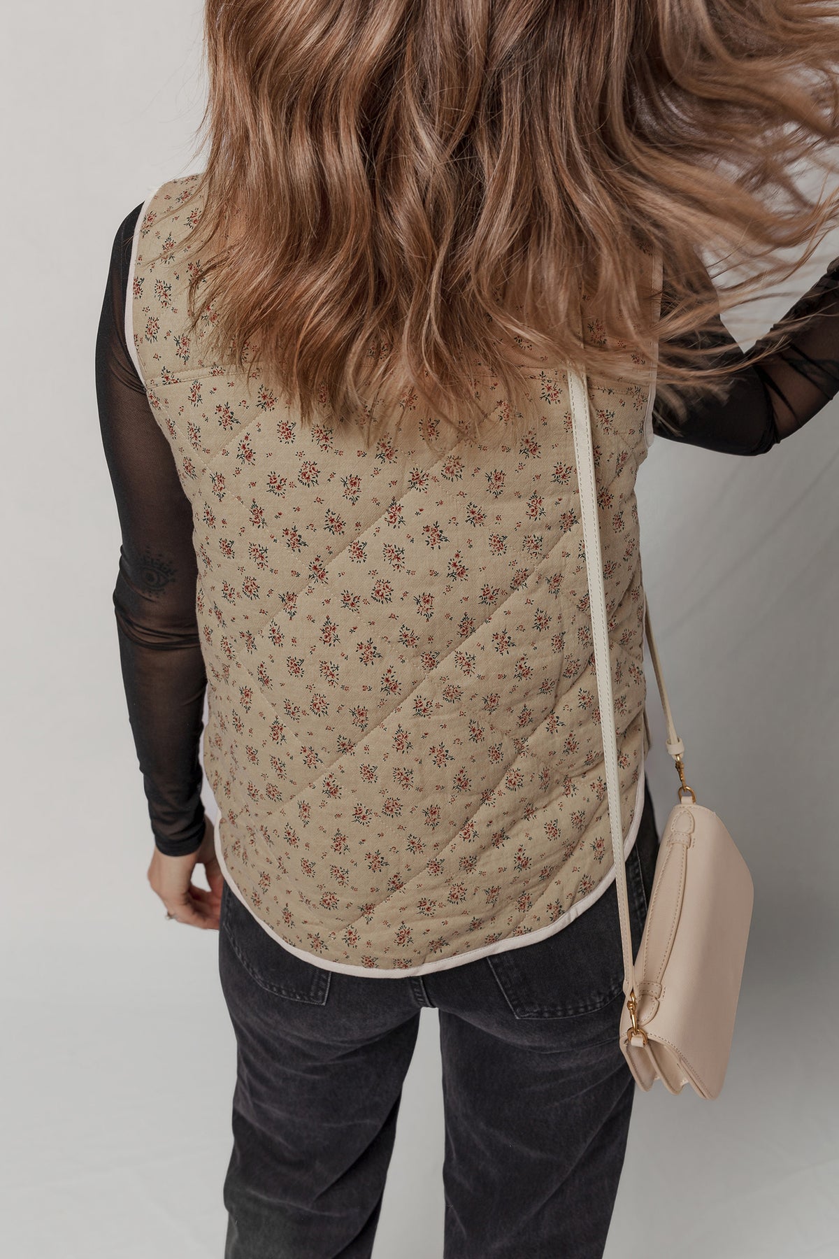 Khaki Floral Print Quilted Concealed Button Vest