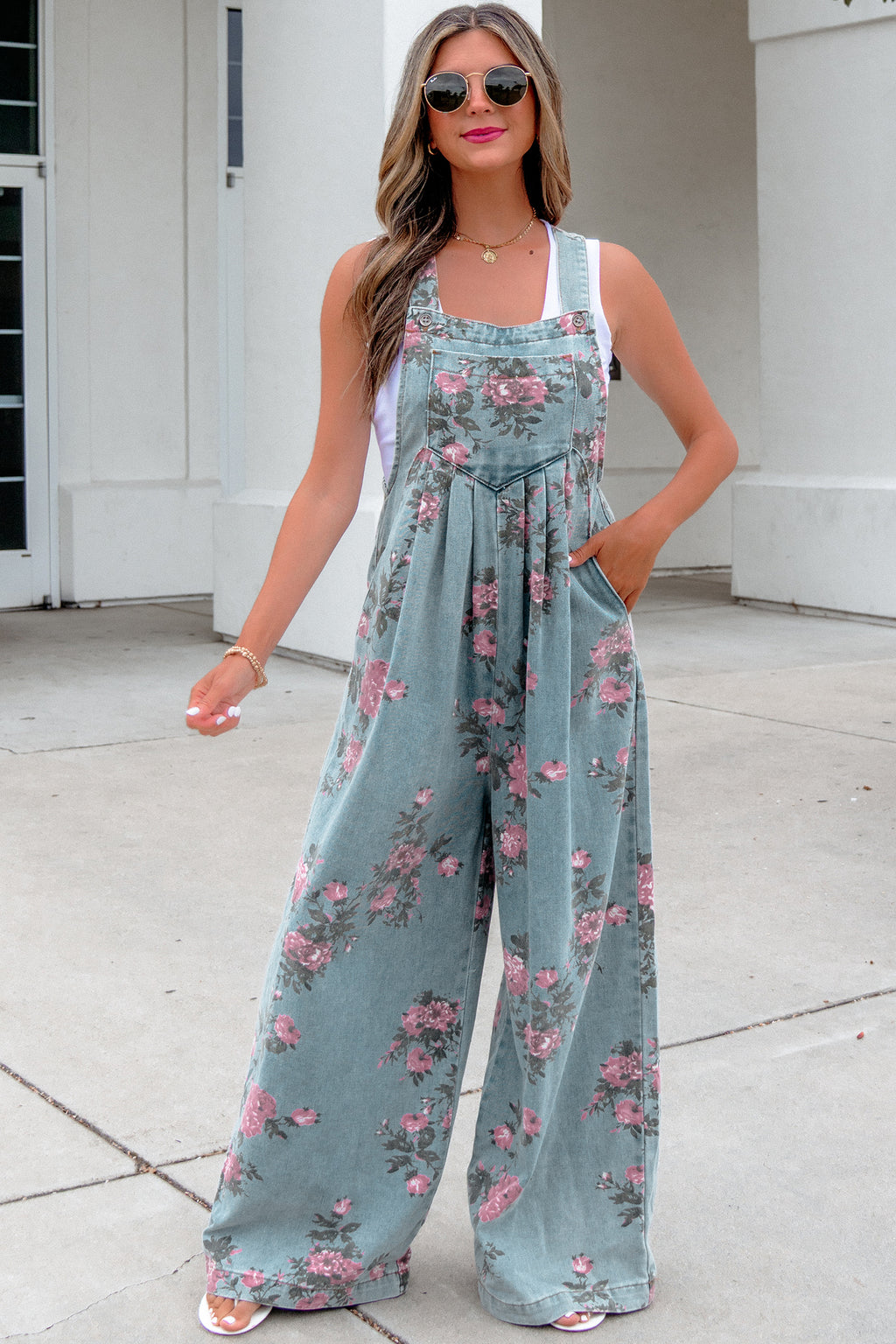 Gray Beau Floral Print Pleated High Waist Wide Leg Denim Jumpsuit
