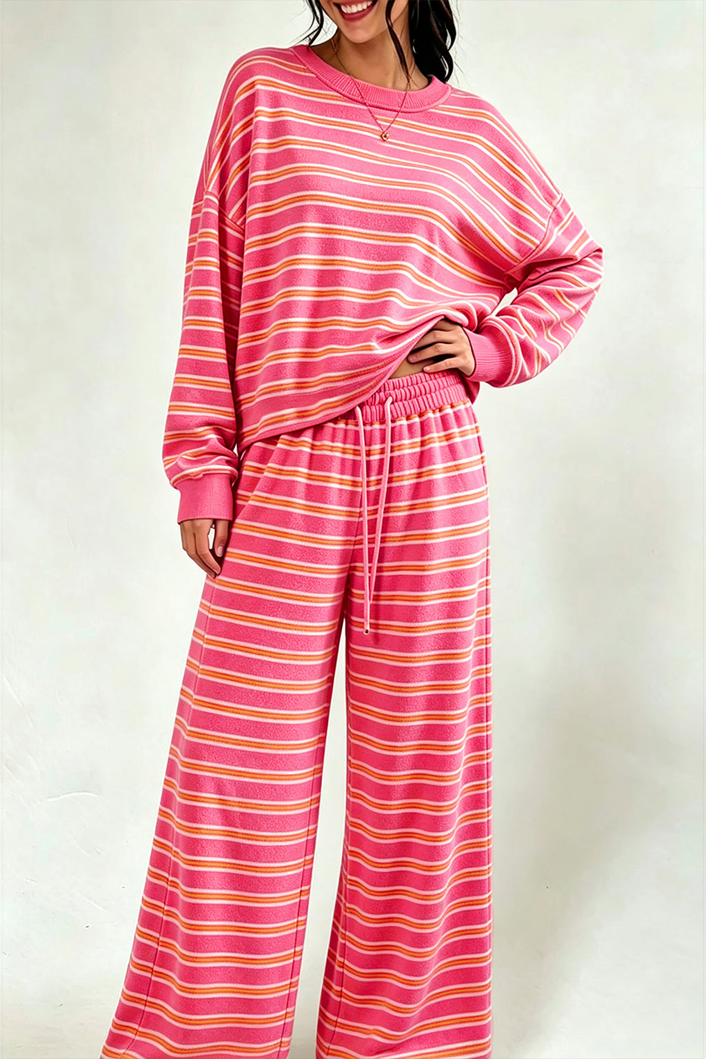 Rose Stripe Back Cutout Long Sleeve Top and Wide Leg Pants 2pcs Set