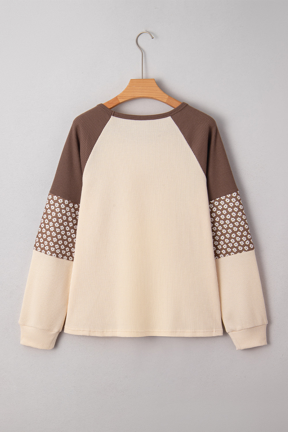 Brown Floral Print Patchwork Color Block Long Sleeve Top