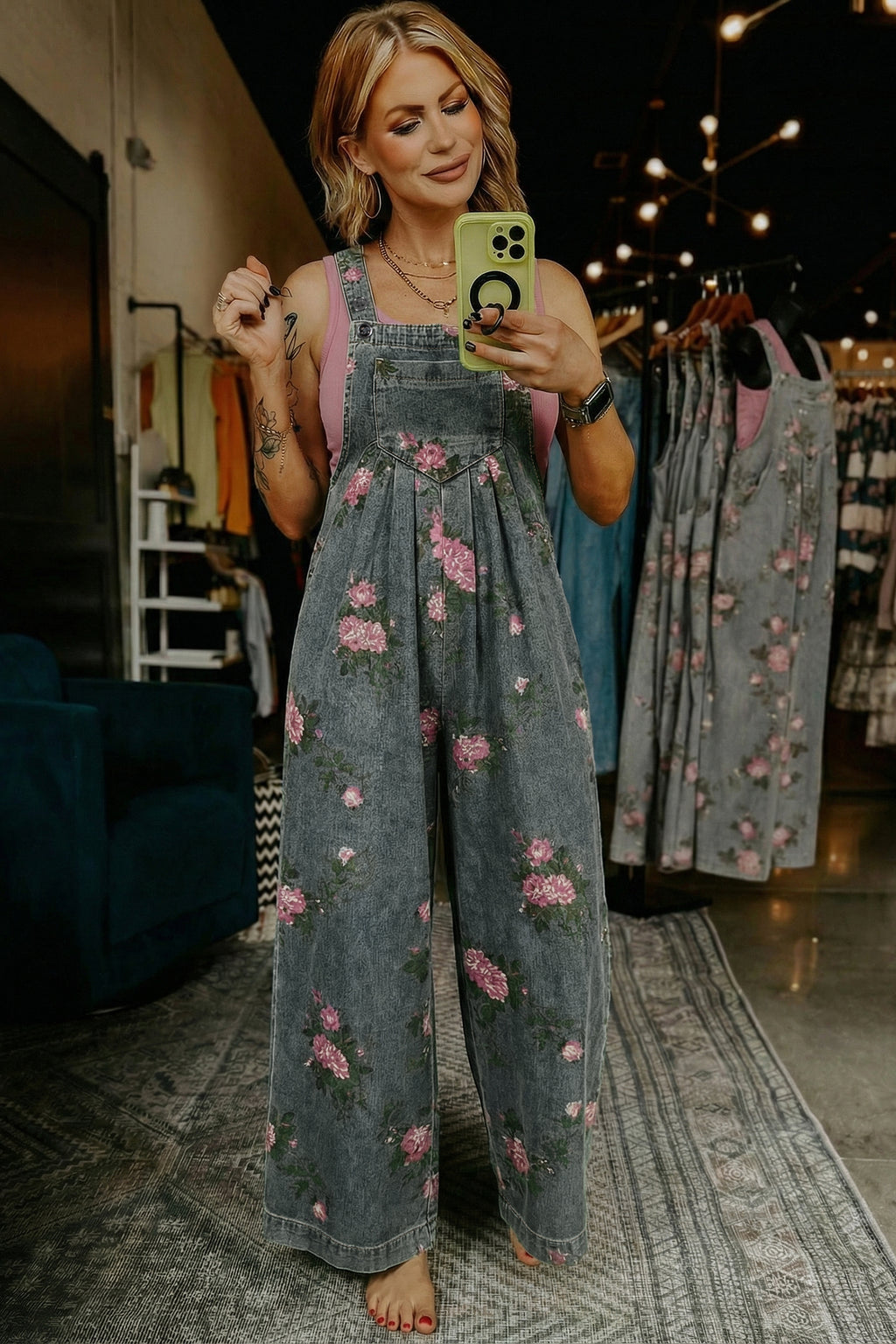 Gray Beau Floral Print Pleated High Waist Wide Leg Denim Jumpsuit