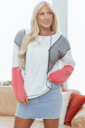 White Contrast Block Mixed Textured Knit Patchwork Casual Top