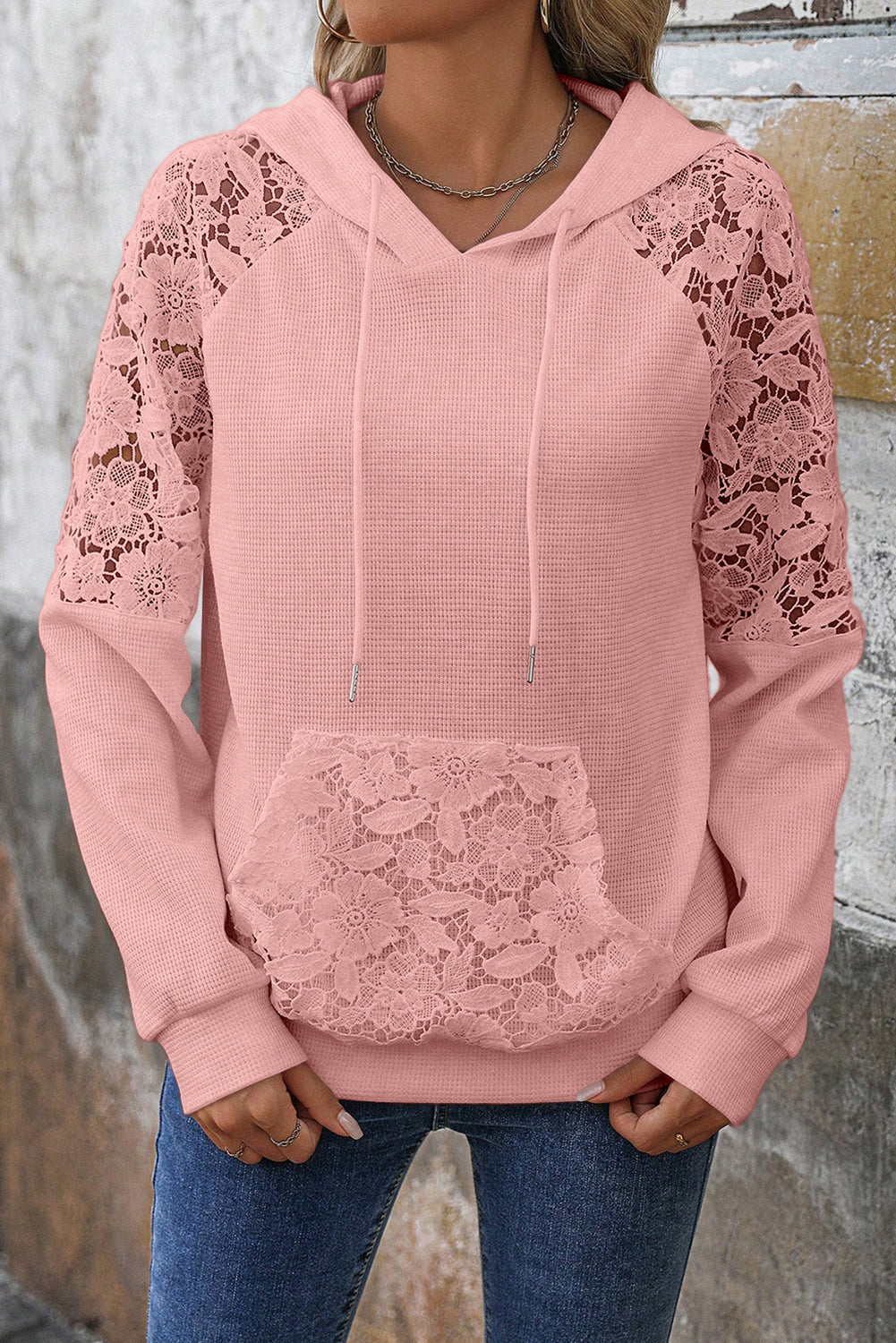 Smoke Green Lace Patchwork Raglan Sleeve Kangaroo Pocket Waffle Hoodie