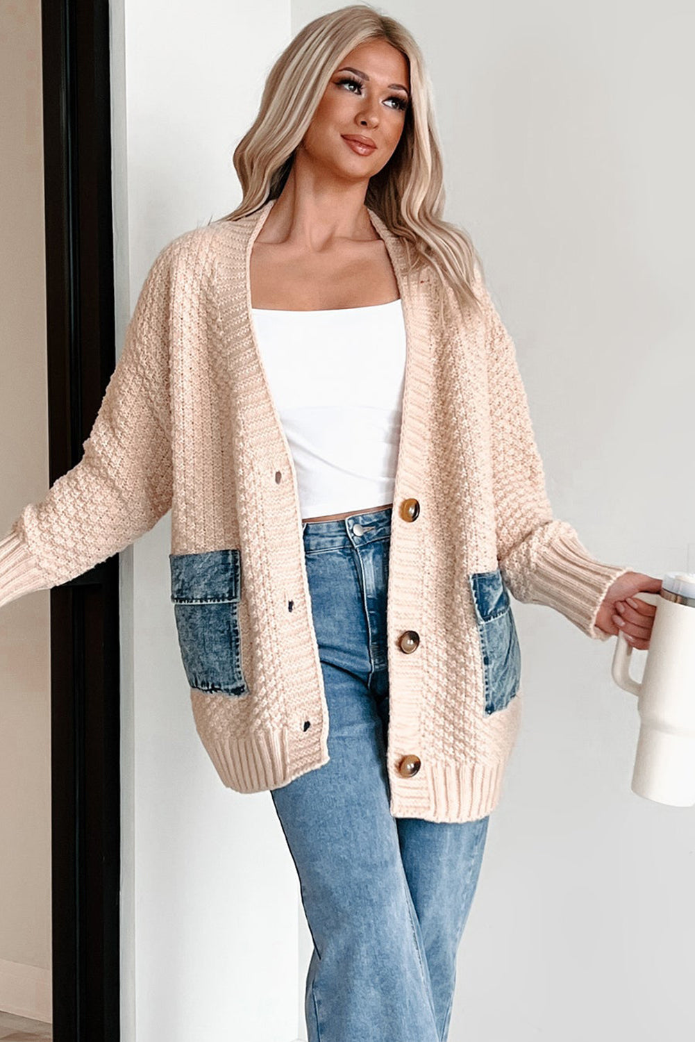 Smoke Gray Open Front Knitted Denim Pocket Patchwork Cardigan