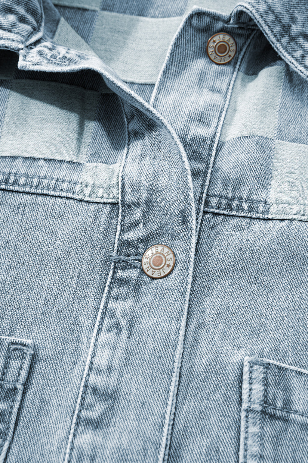 Beau Blue Denim Checkered Pattern Patchwork Womens Casual Jacket