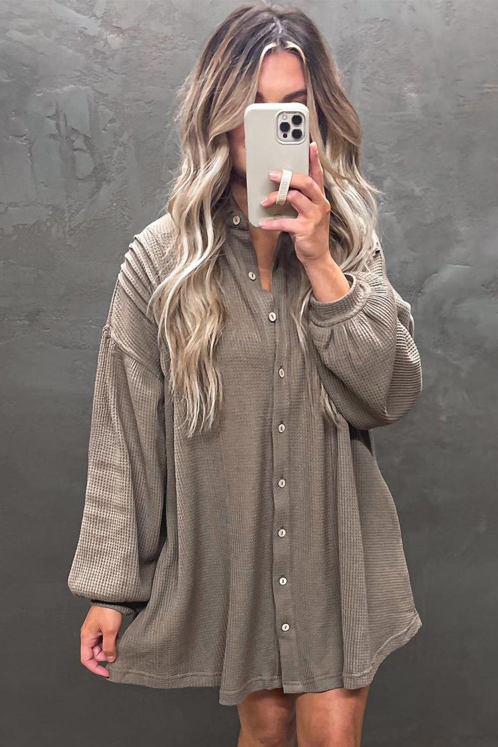 Simply Taupe Waffle Knit Shirt Tunic Dress