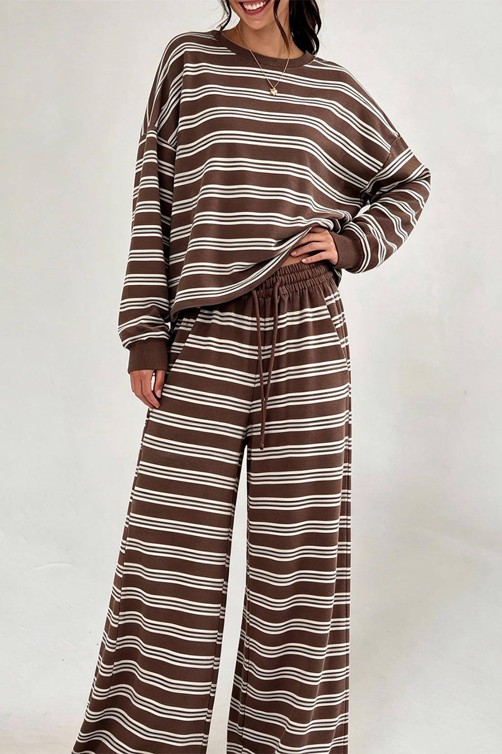 Rose Stripe Back Cutout Long Sleeve Top and Wide Leg Pants 2pcs Set