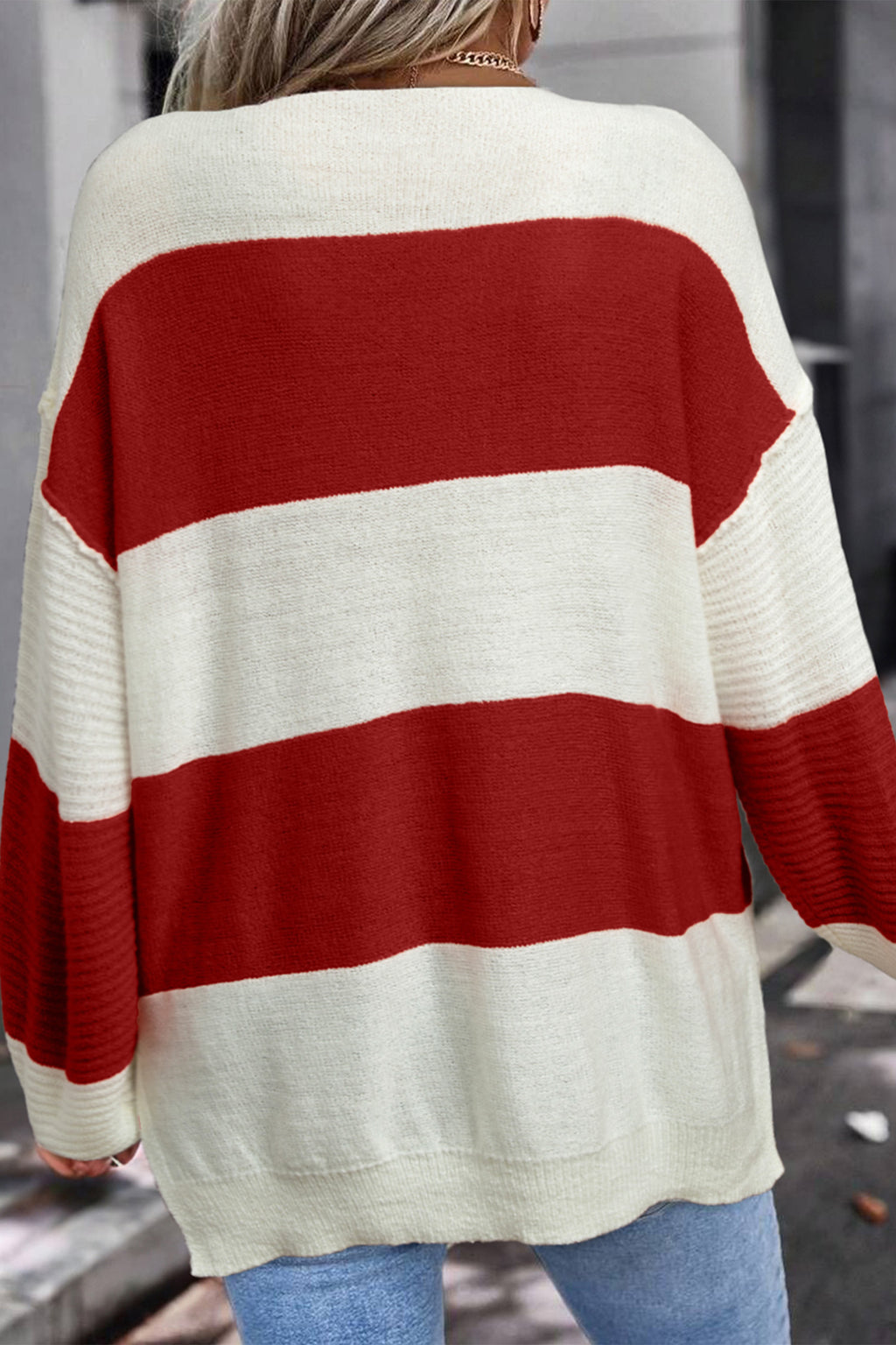 Red Stripe Loose Color Block Drop Shoulder Bubble Sleeve Sweater
