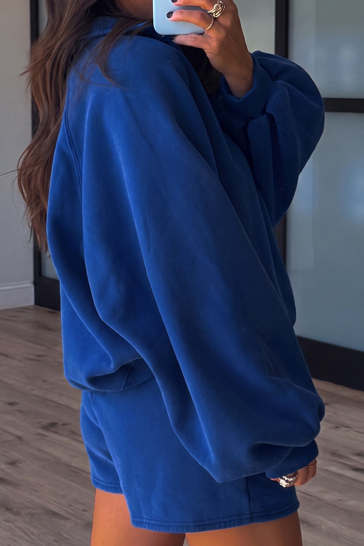Dark Blue Half Button Puff Sleeve Relaxed Pullover and Shorts 2pcs Outfit