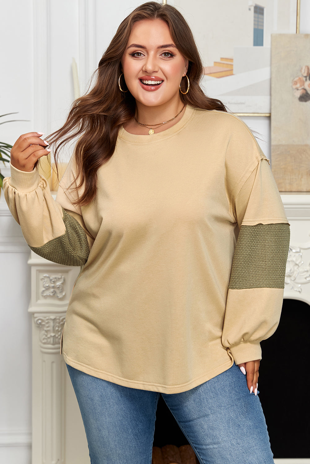 Laurel Green Exposed Seam Contrast Texture Patchwork Plus Size Drop Shoulder Pullover