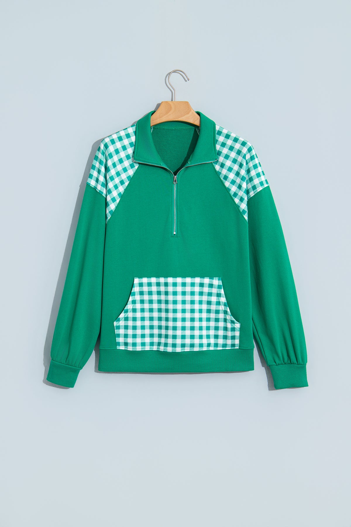 Racing Red Patchwork Plaid Pocket Quarter Zip Sweatshirt