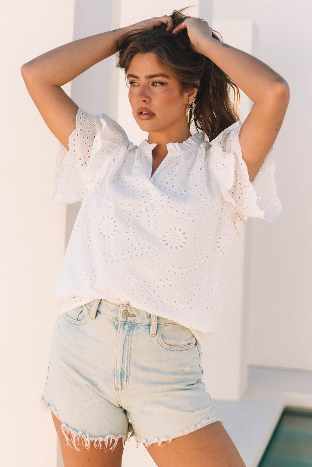 White Broderie Anglaise Ruffle Short Sleeve Blouse