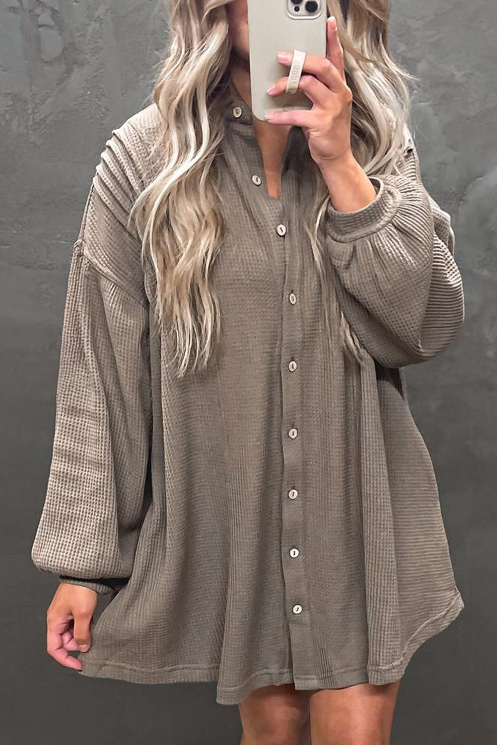 Simply Taupe Waffle Knit Shirt Tunic Dress