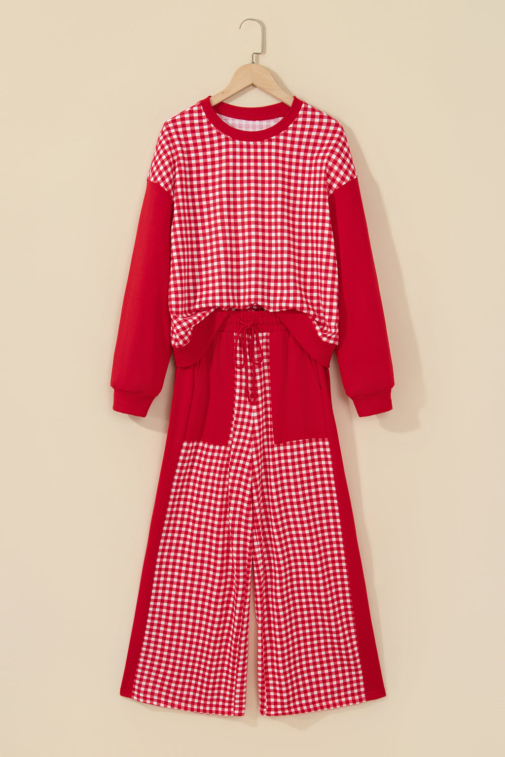 Brown Color Block Plaid Patchwork Long Sleeve Pullover Wide Leg Pant Set