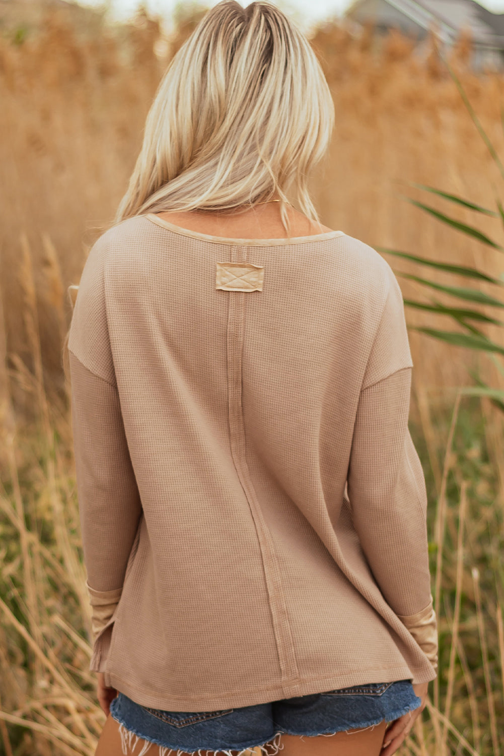 Vineyard Green Color Block Waffle Textured Tunic Henley Top with Slits
