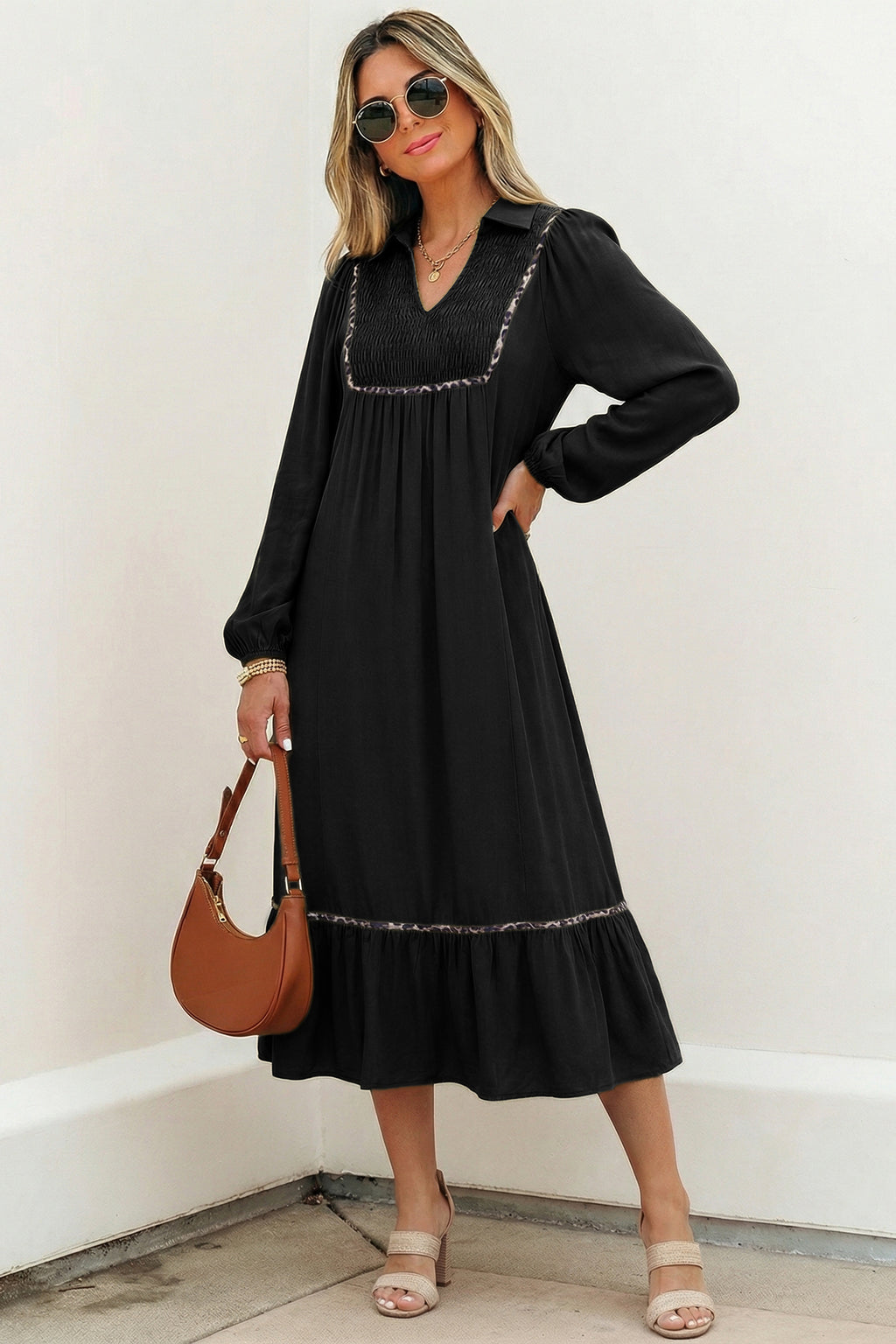 Black Collared V Neck Smocked Detail Contrast Leopard Trim Bracelet Sleeve Long Dress