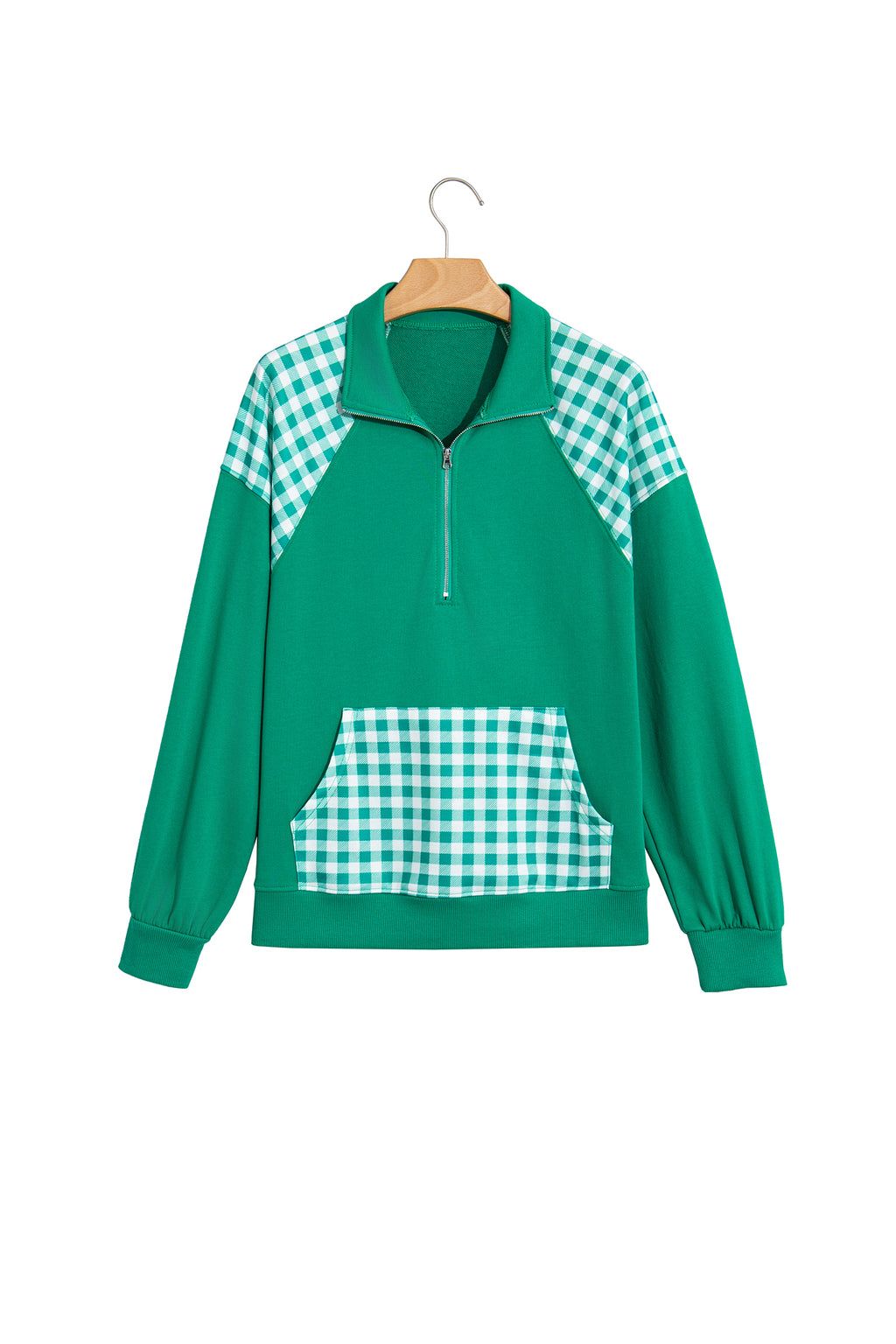 Racing Red Patchwork Plaid Pocket Quarter Zip Sweatshirt