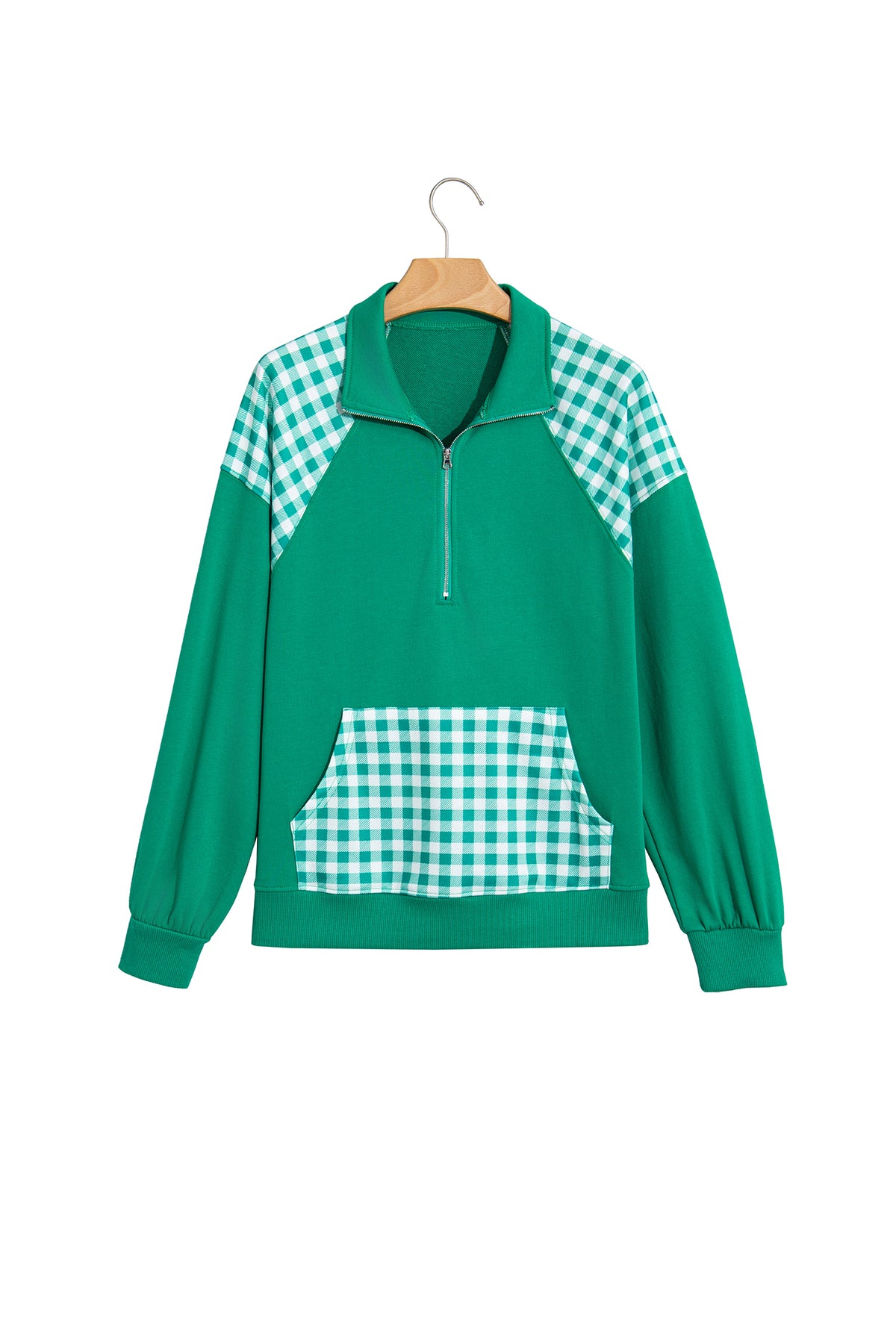Racing Red Patchwork Plaid Pocket Quarter Zip Sweatshirt