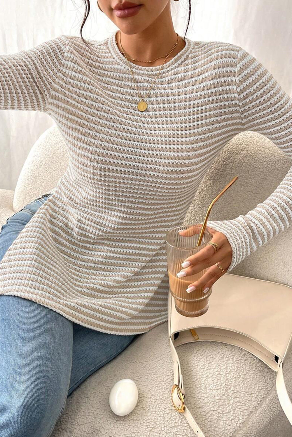 Jet Stream Striped Knit Side Slit Slim Round Neck Tunic Top