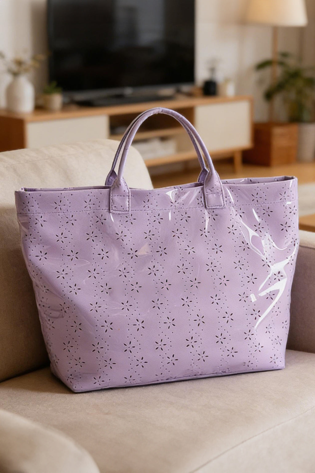 Dusk Blue Eyelet Flower Pattern PVC Glossy Waterproof Tote Bag