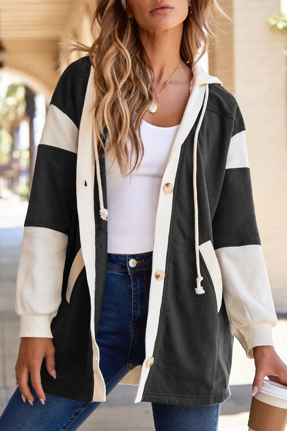 Black Waffle Contrast Knit Color Block Patchwork Button Front Oversize Hoodie