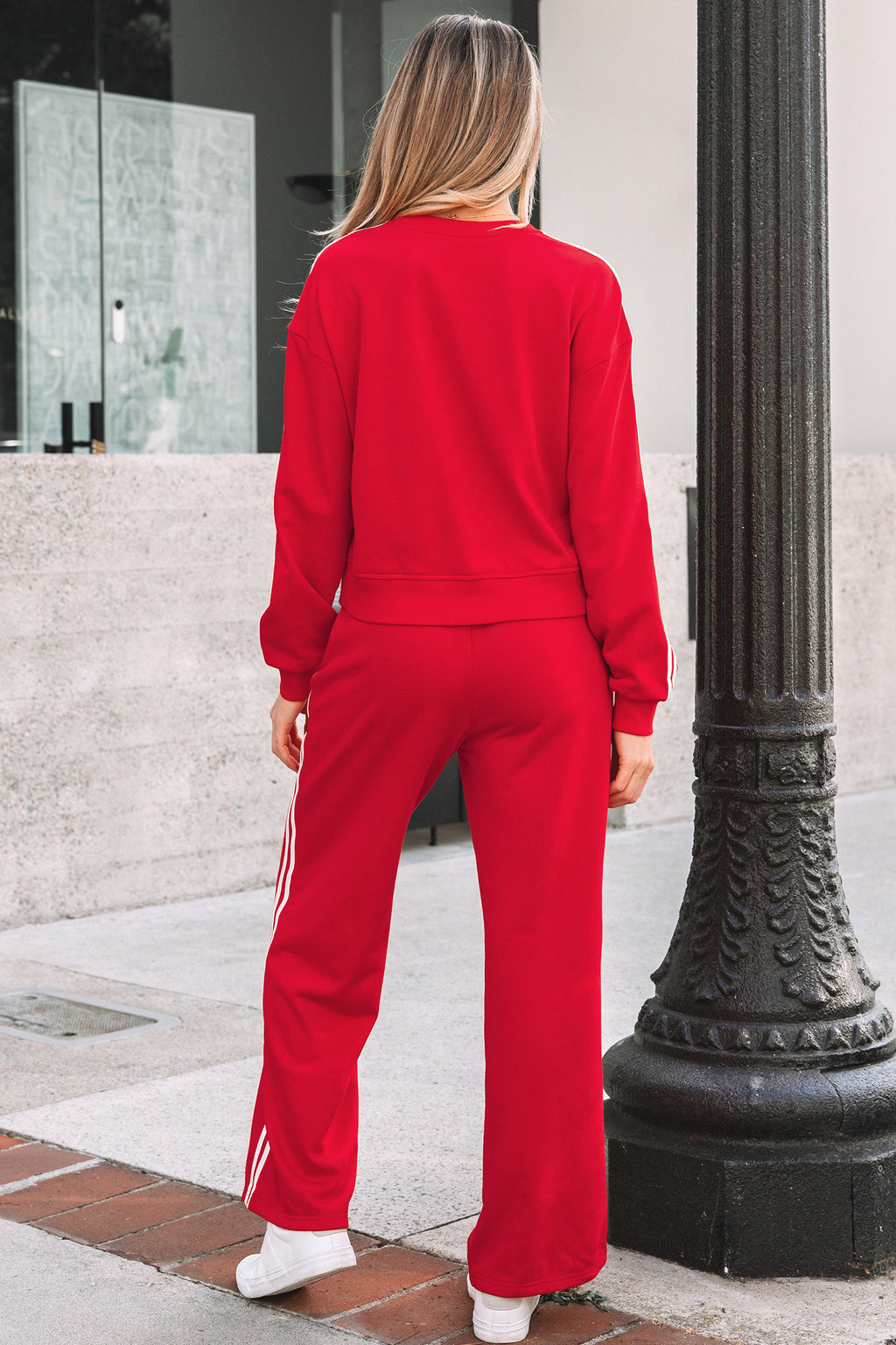 Oatmeal Varsity Striped Detail Crewneck Pullover Elastic Sweatpants 2pcs Outfit