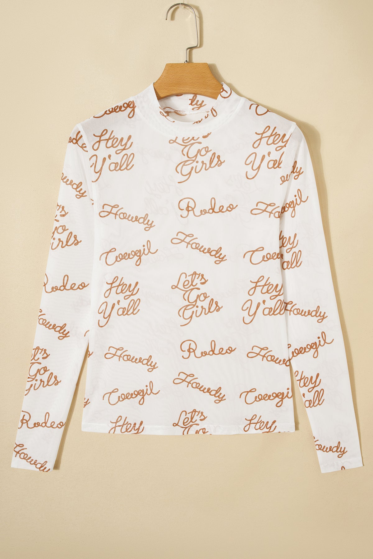 White Howdy Hey Yall Mesh High Neck Long Sleeve Top