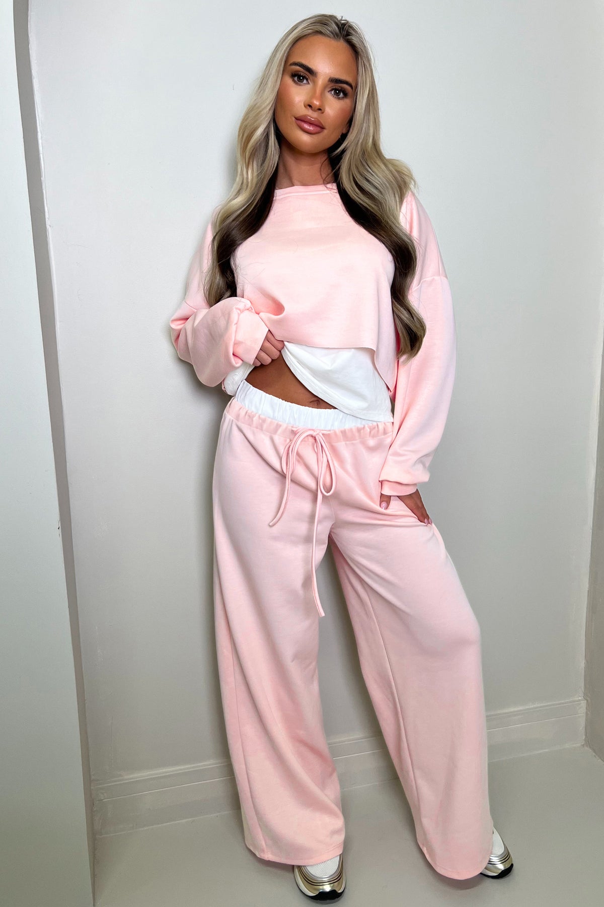 Gray Color Contrast Overlay Long Sleeve Top Drawstring Loose Pant Set