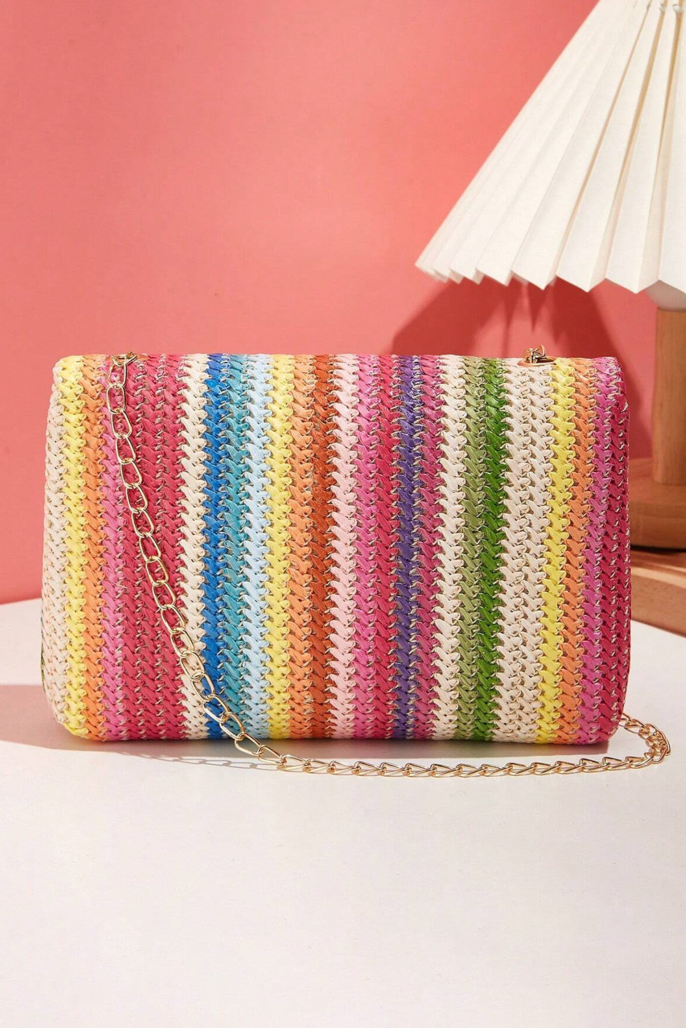 Strawberry Pink Straw Plaited Gold Chain Clasp Closure Single Shoulder Bag