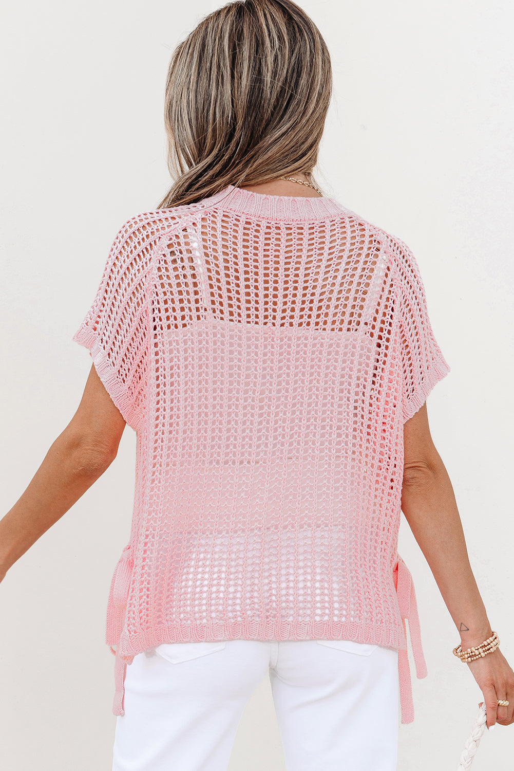 Yellow Cream Hollow-out Crochet Side Tied Short Sleeve Sweater