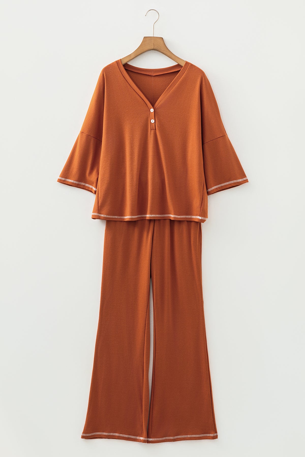 Grapefruit Orange Contrast Stitching Buttoned V Neck Half Sleeve Top and Drawstring Flare Pants Set