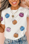 White Sequin Pumpkin Face Patched Crew Neck Holiday T Shirt