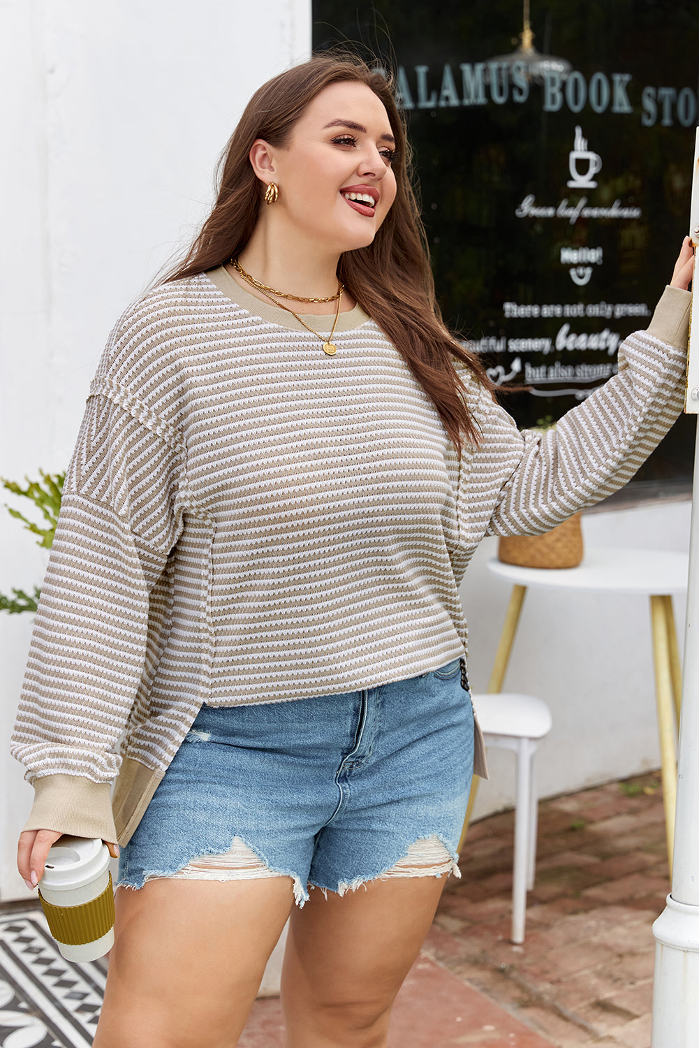 Brown Stripe Plus Size Breathable Knit Ribbed Trim Long Sleeve Top