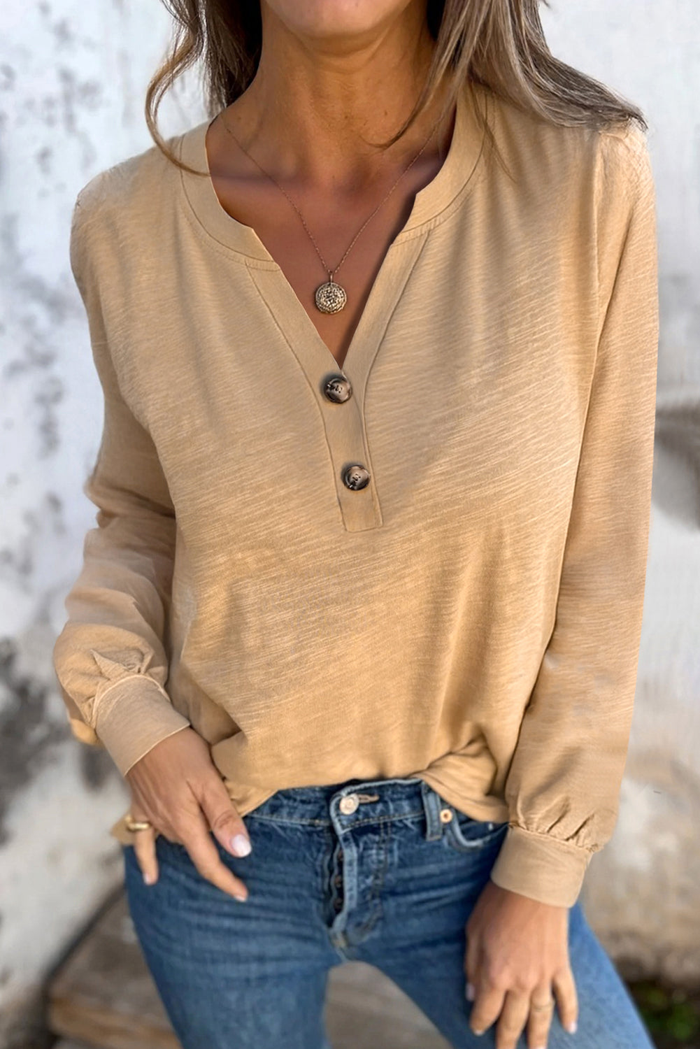 Light French Beige Solid Color Button V Neck Long Sleeve Top