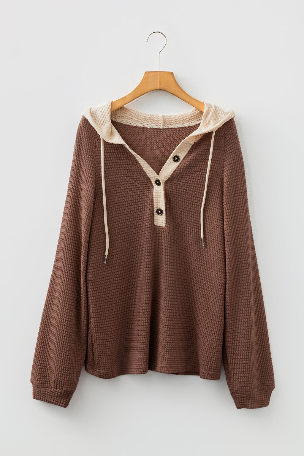 White Waffle Contrast Half Buttoned Hooded Pullover Top