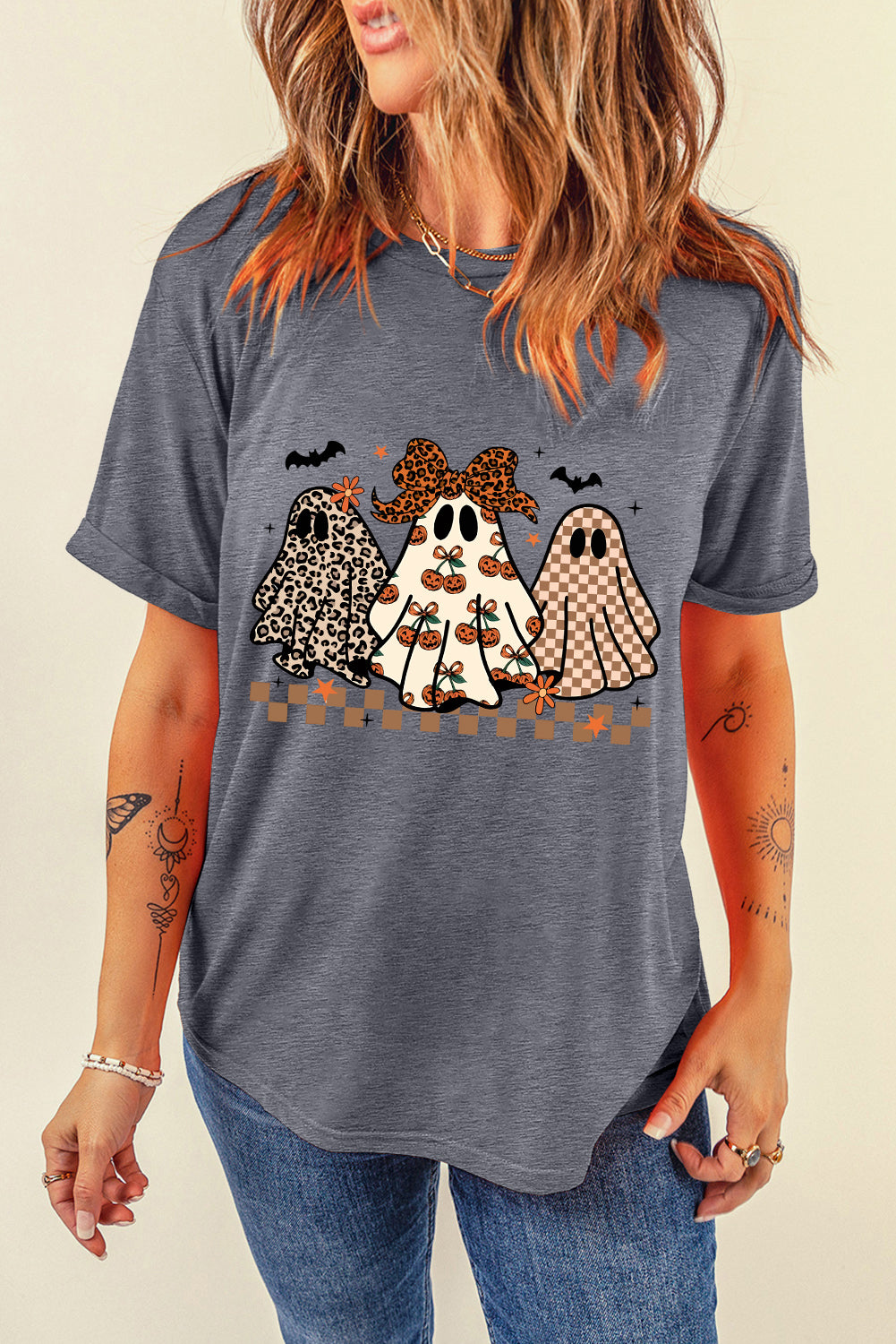Gray Cute Halloween Ghost Printed Womens Casual Tee
