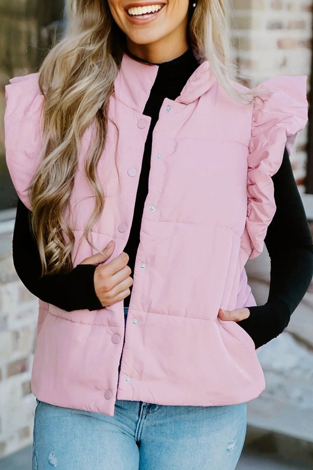 Pink Stand Neck Flutter Sleeve Snap Button Puffer Vest