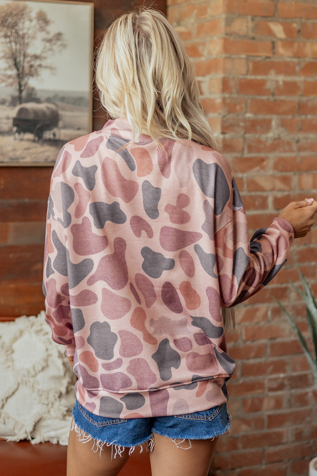Sky Blue Camouflage Western Style Pullover Sweatshirt