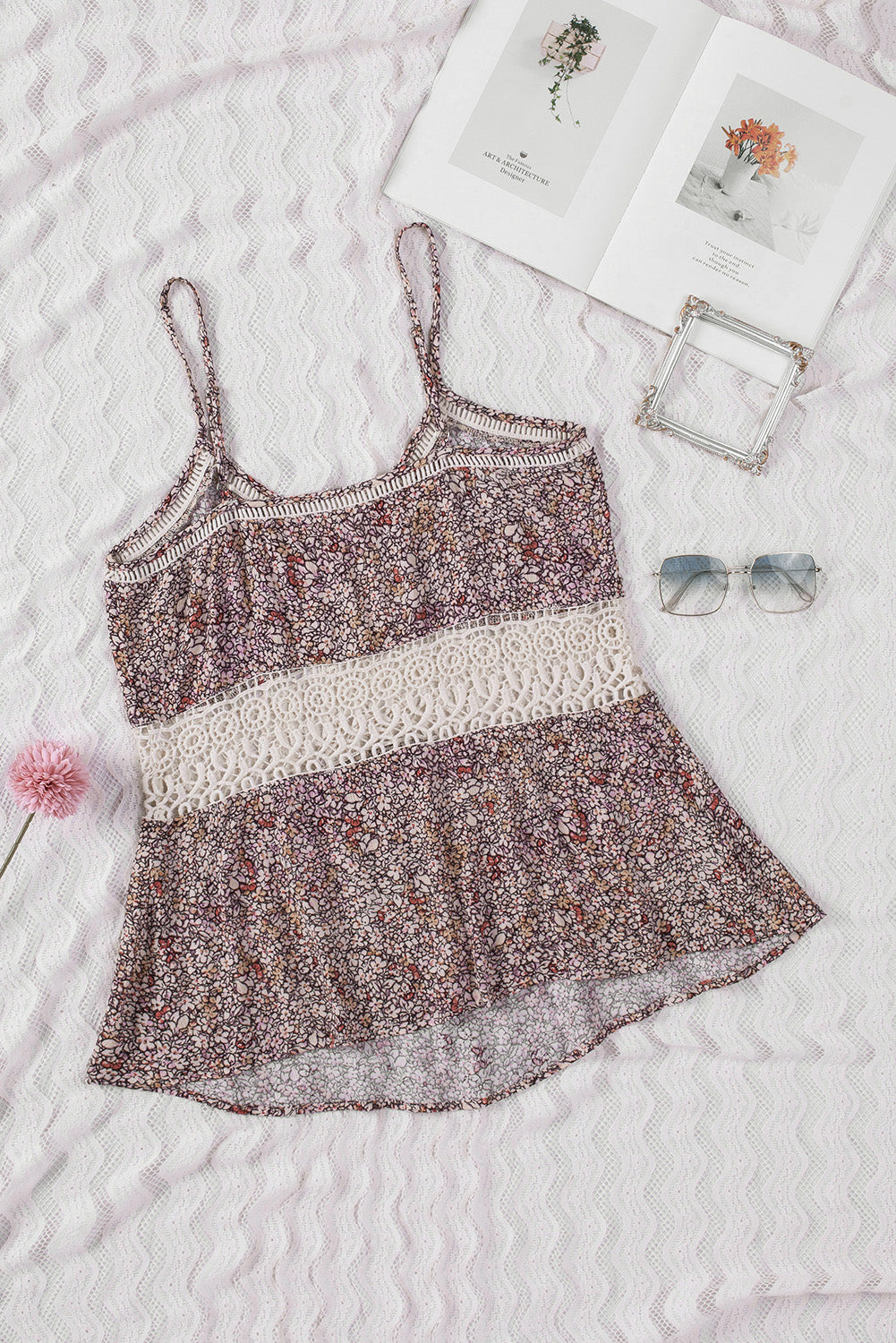 Multicolor Floral Print Lace Crochet Spaghetti Strap Tank Top
