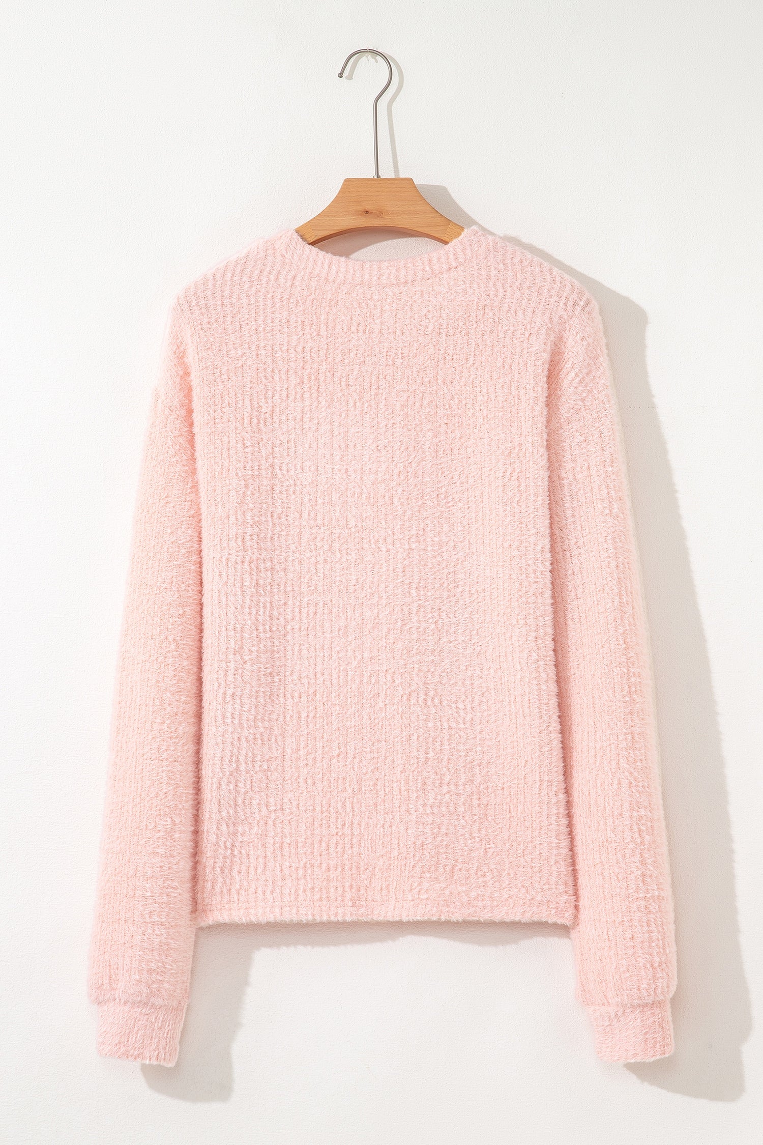Light Pink Fuzzy Ribbed Texture Round Neck Long Sleeve Top