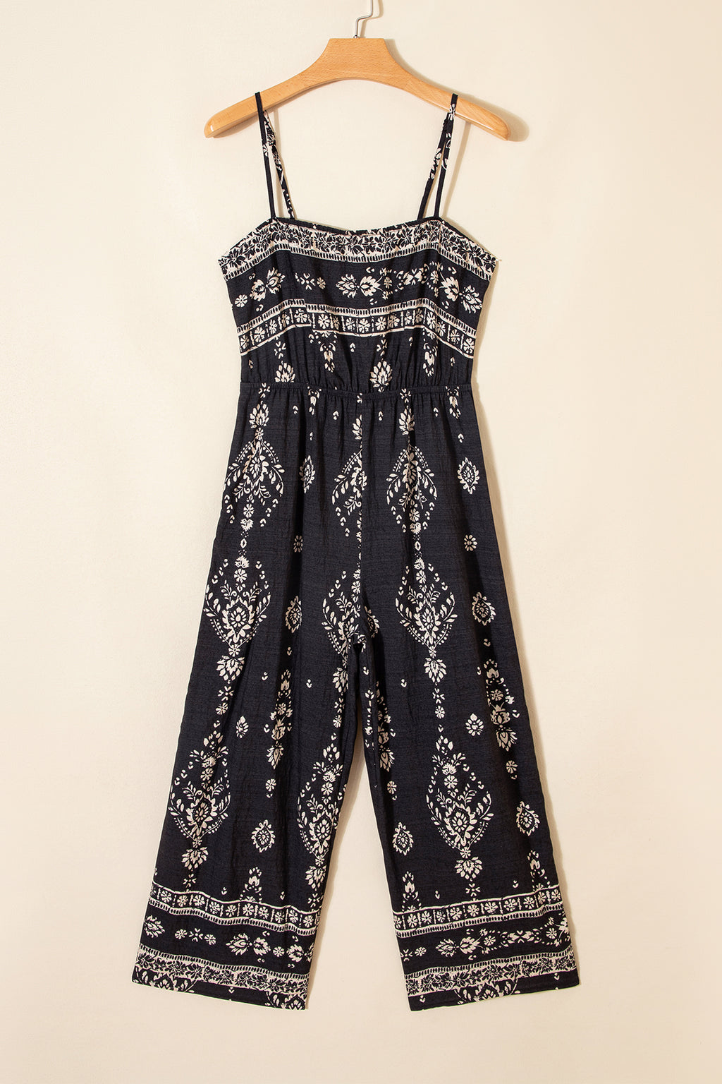 Black Spaghetti Straps Elastic Waist Loose Ethnic Print Jumpsuit