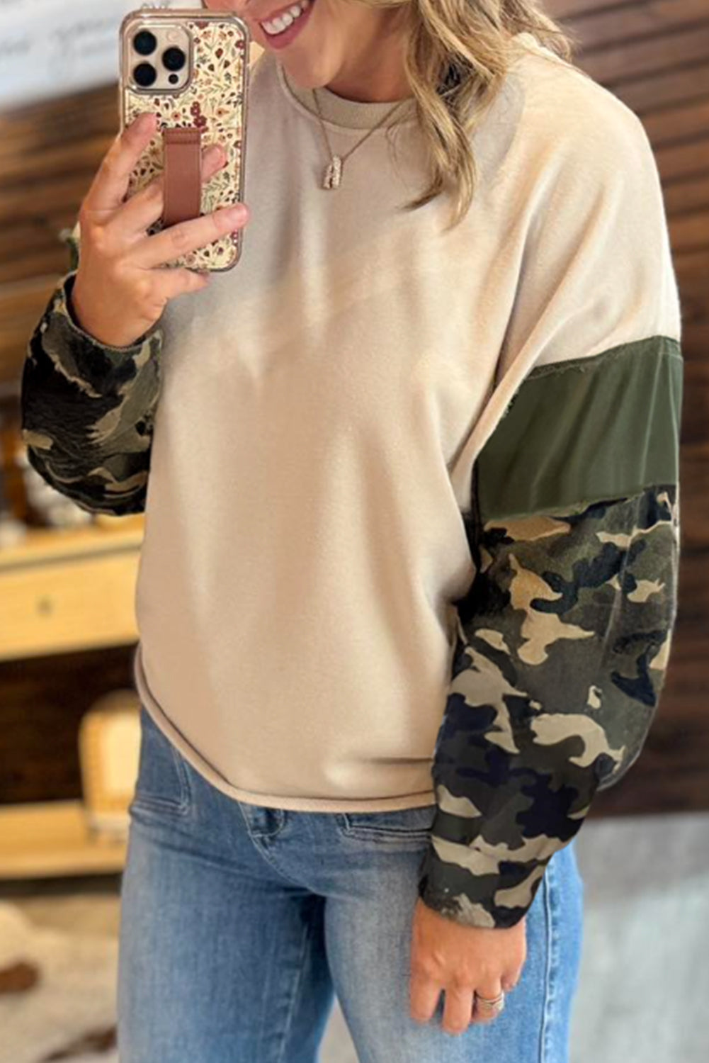 Apricot Camo Print Patchwork Sleeve Raw Hem Plus Size Sweatshirt